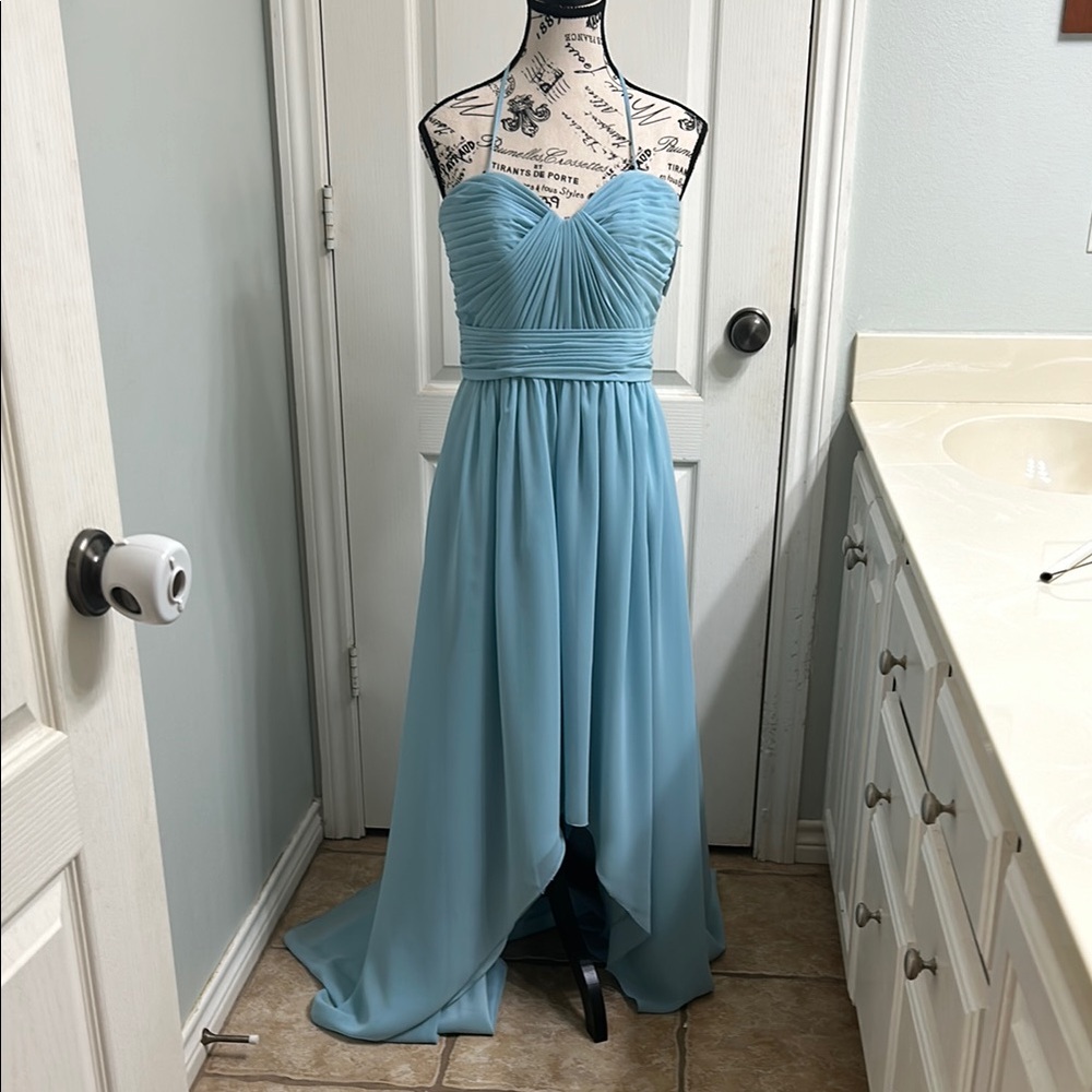 SORELLA VITA Blue Ruched Strapless High Low Dress